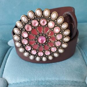 GAP- Boho, Brown- Leather Belt with Pink and Pearl Accents- Sz. M- (39 inch)